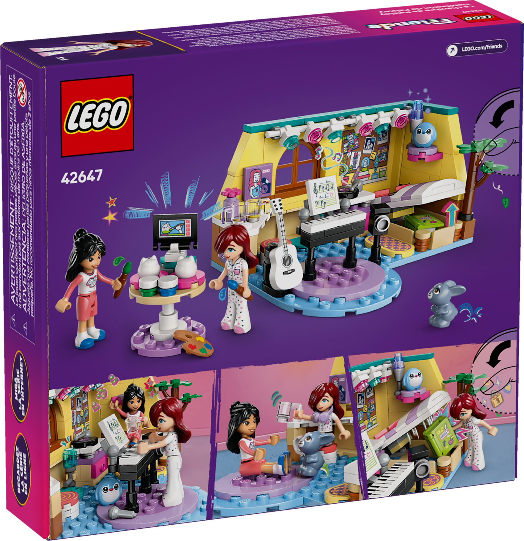 Lego Friends Spielset mit zwei Figuren, Klavier, Gitarre und Malzubehör.
