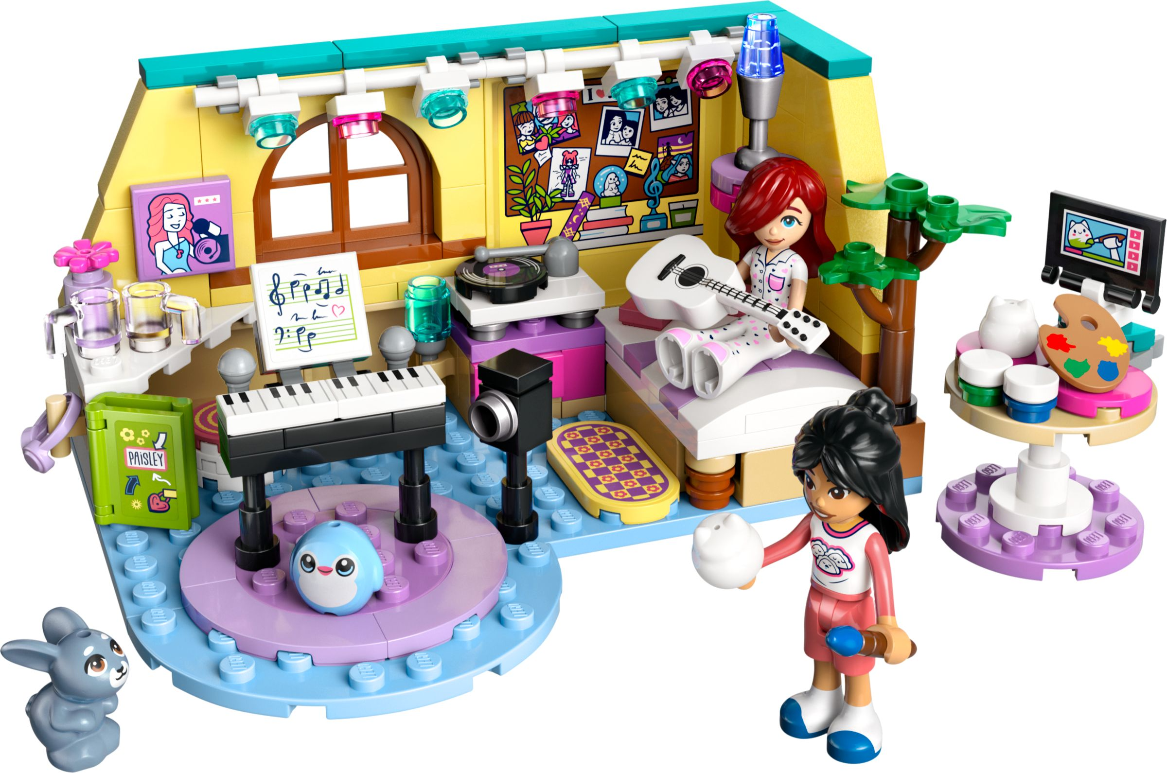 LEGO-Szene mit Figuren, Klavier, Gitarre, Vogel, Hase und Kunstbedarf.