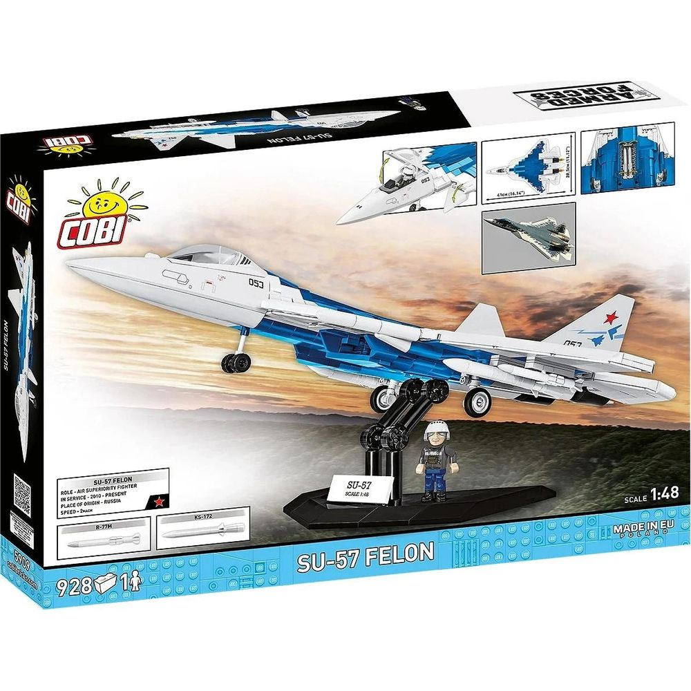 COBI SU-57 FELON Bausatz mit Flugzeugmodell, Pilot und Zubehör auf Karton.