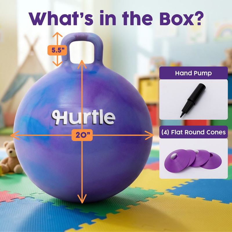 Ein violetter Hurtle-Ball mit Griff, 20 Zoll Durchmesser, mit Pumpe und Kegeln.
