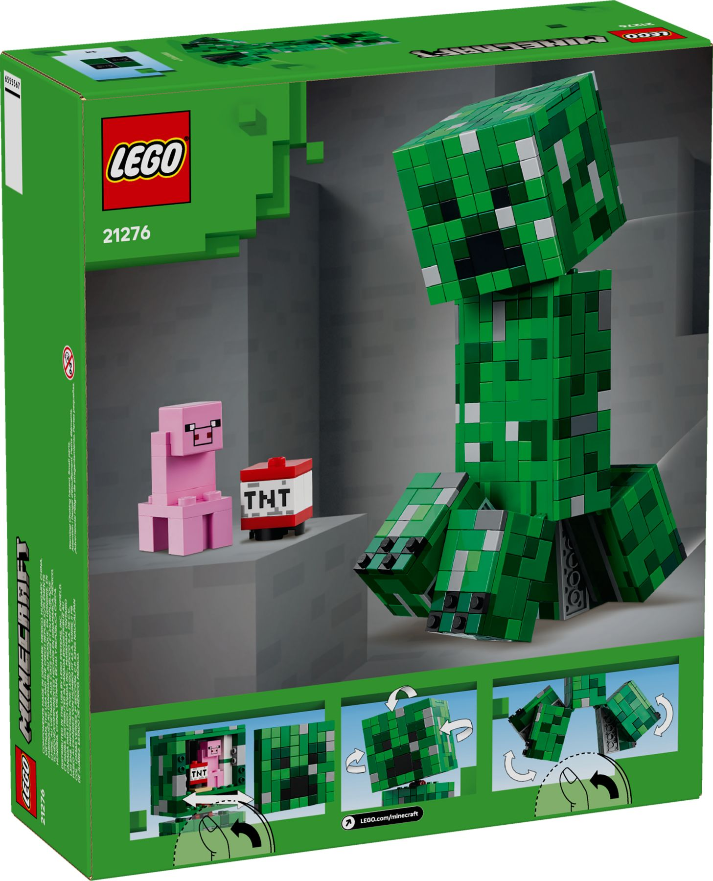 Scatola LEGO Minecraft mostra Creeper, maiale e TNT. Include istruzioni.