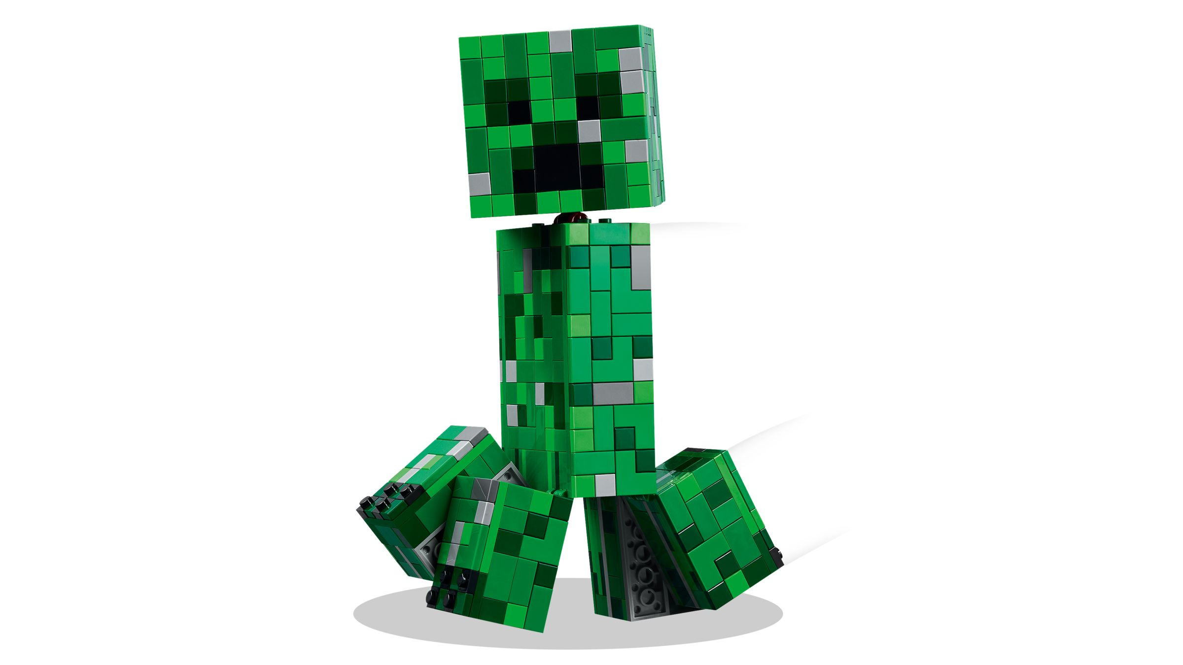 Un Creeper verde di Minecraft fatto di mattoncini LEGO, con accenti neri e grigi.