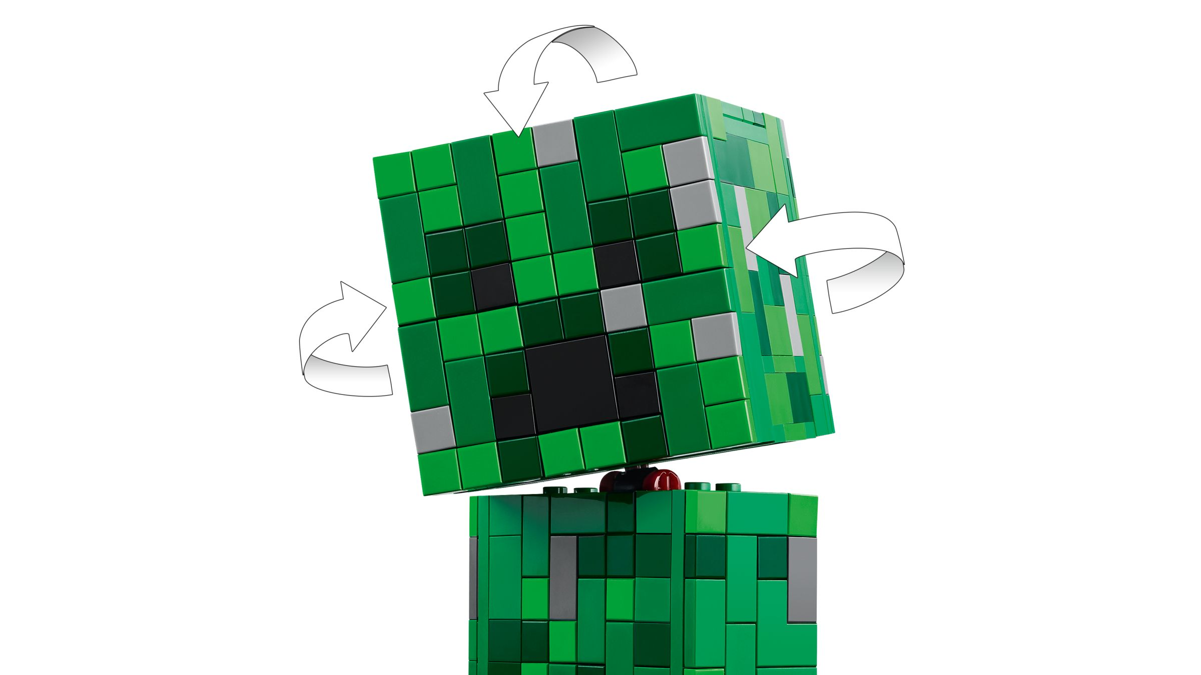 Una testa verde di Creeper Lego Minecraft, in rotazione.