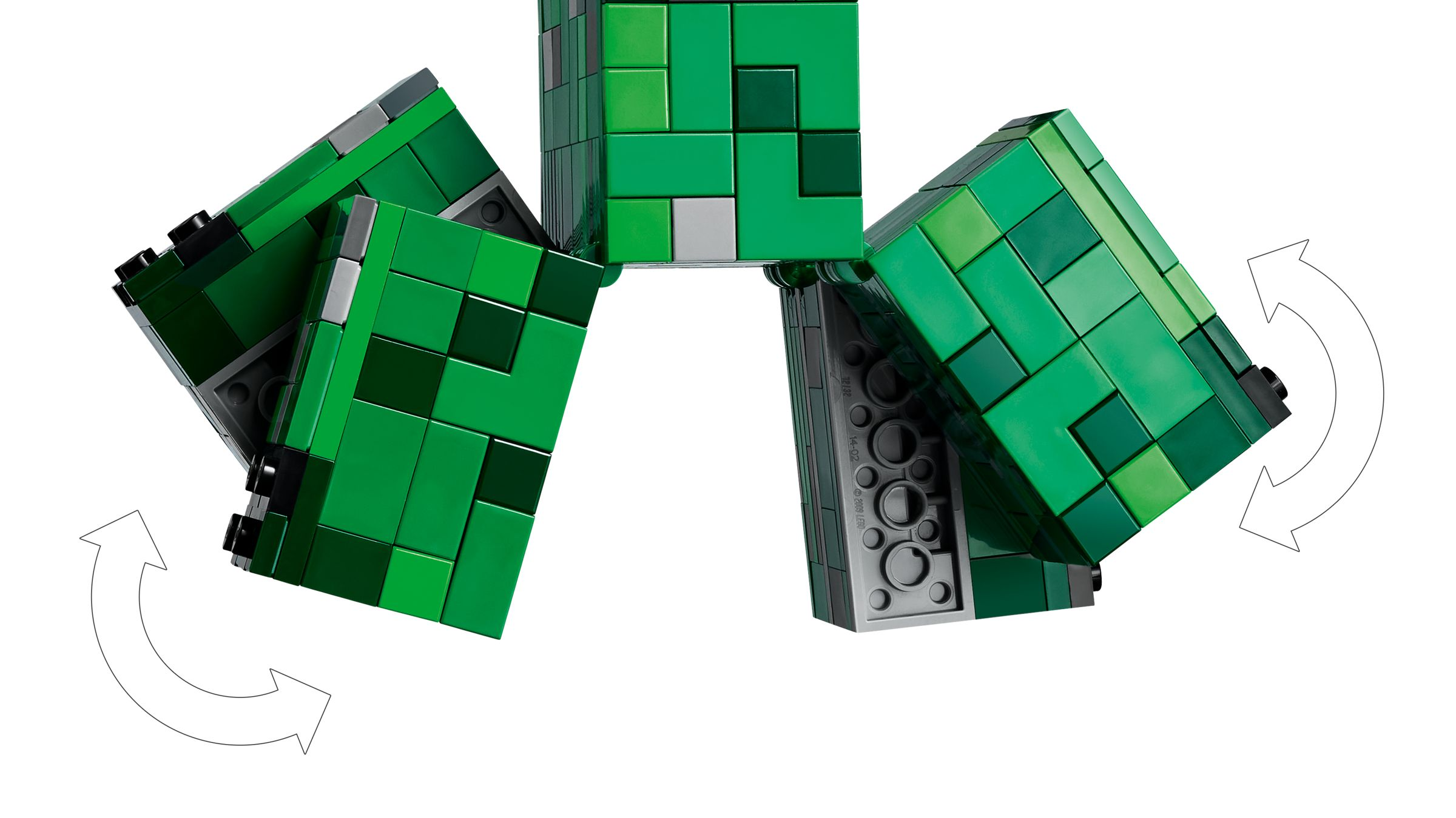 Mattoncini LEGO verdi e grigi formano una figura di Minecraft con frecce che indicano la rotazione.