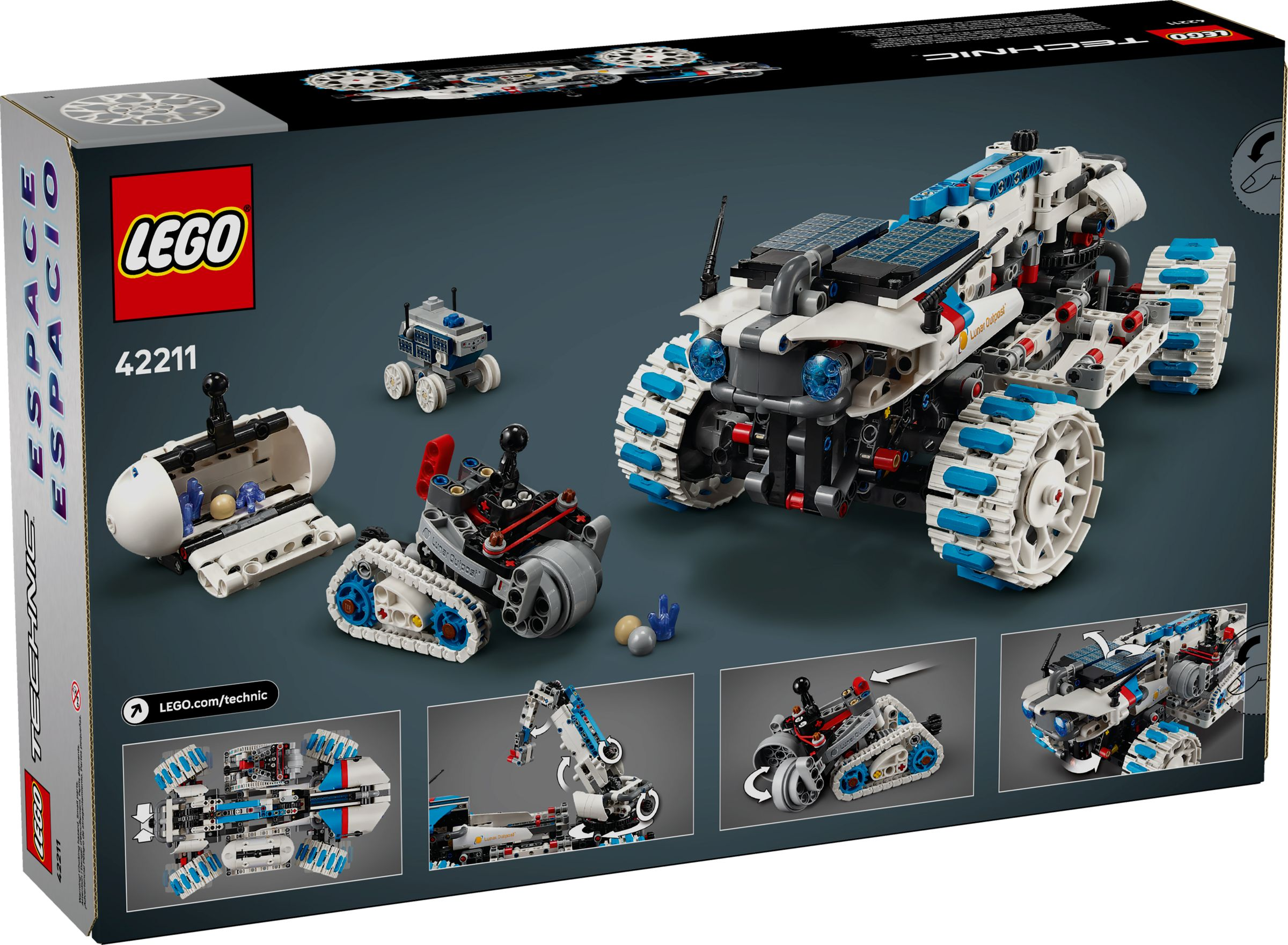 Lego Technic-Set mit Weltraumfahrzeugen und einem Rover auf dunklem Hintergrund.