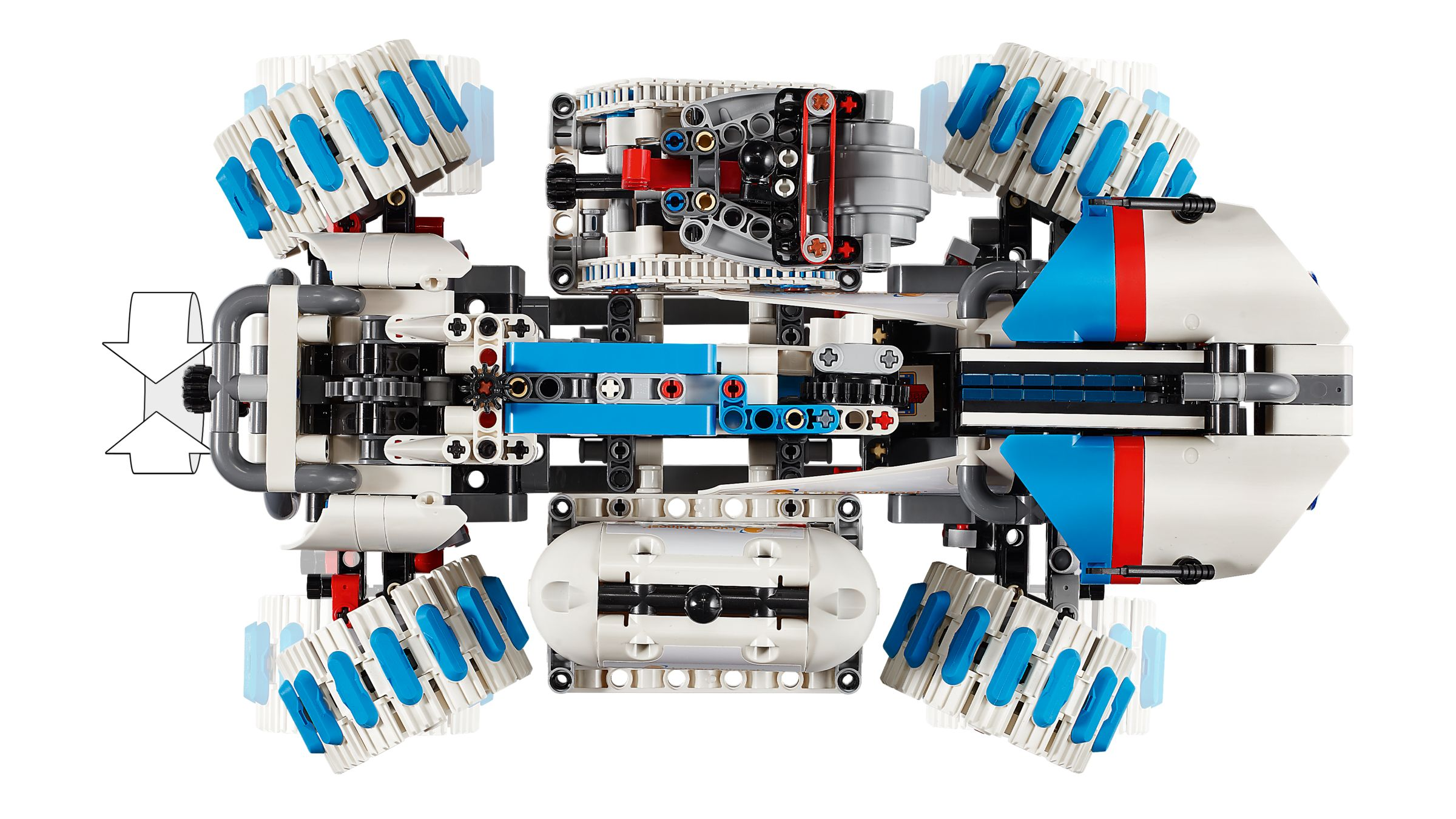 Lego Technic Modell eines Fahrzeugs mit Rädern, Zahnrädern und blauen Akzenten.