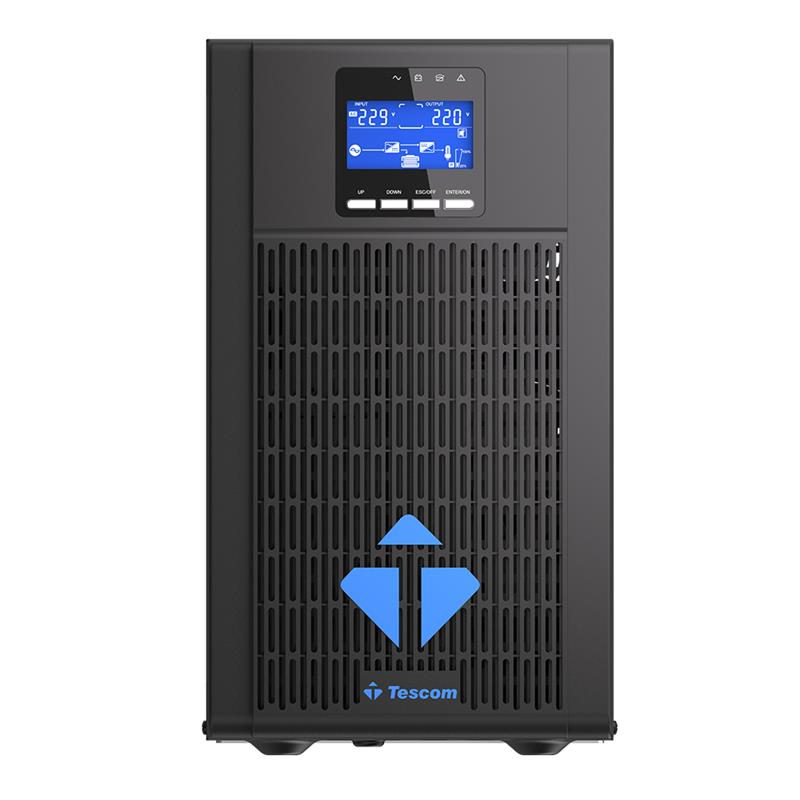 Mavi Tescom logolu ve LCD ekranlı siyah kule tipi UPS.
