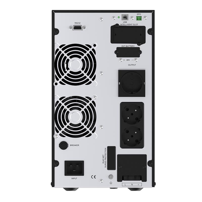RS232, USB, fanlar, prizler ve giriş/çıkış portlarına sahip UPS arka paneli.