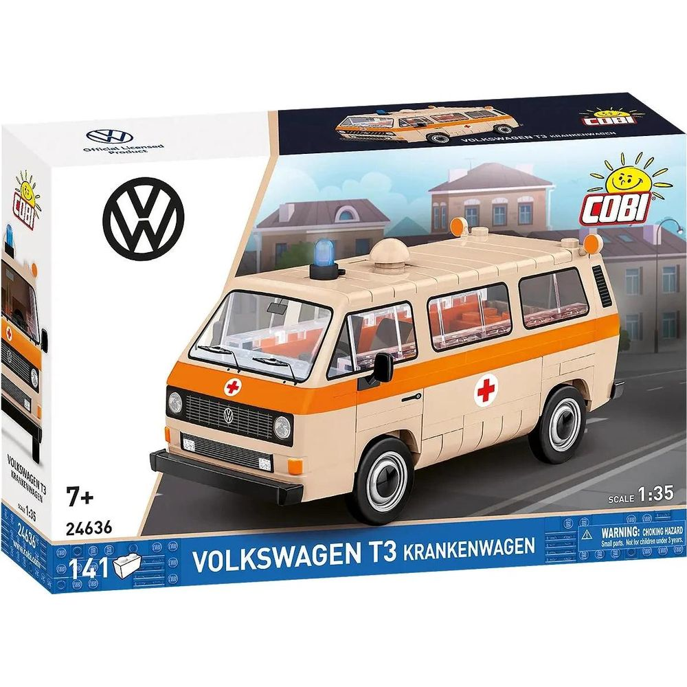 COBI VW T3 Krankenwagen Modellbausatz auf Karton. Beige mit orangen Streifen und Kreuz.