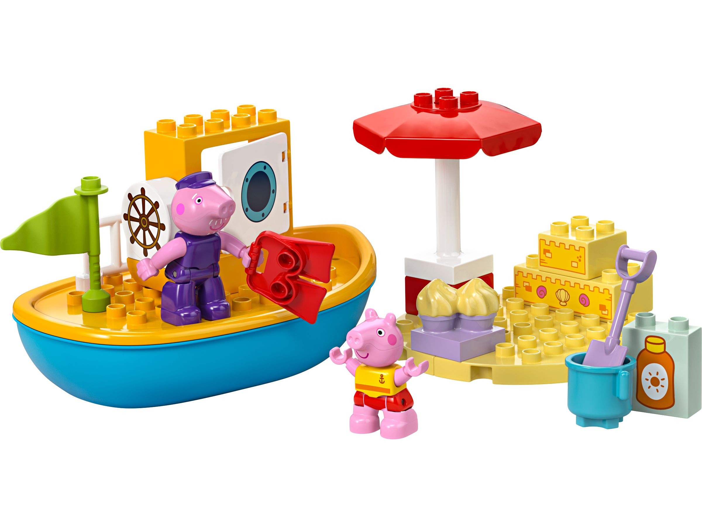 Peppa Wutz und ein Bootsspielzeug mit Strandzubehör, Eis und Sonnenschutz.