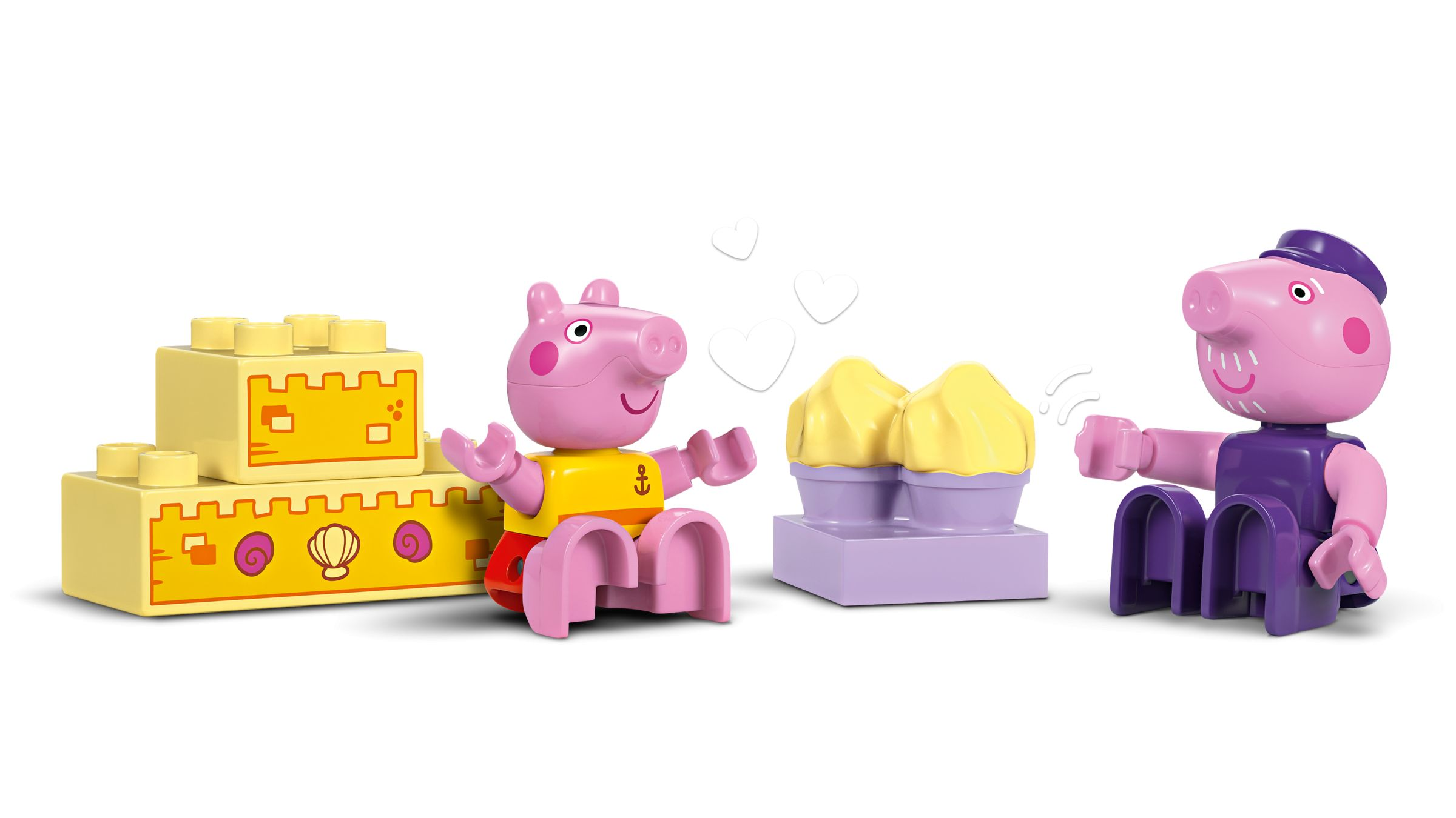 Peppa Wutz und Daddy Wutz aus Bausteinen mit Eiscreme und Sandburg.