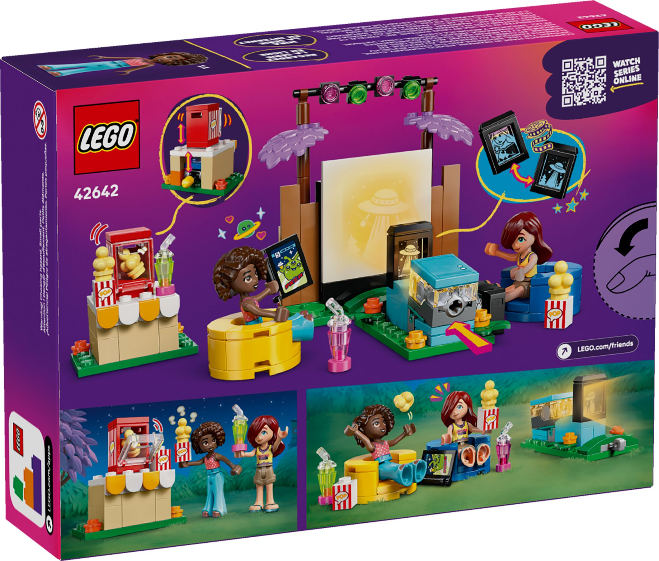 LEGO Friends Set 42642: Drei Mädchen spielen im Freien mit Popcorn und Getränken.