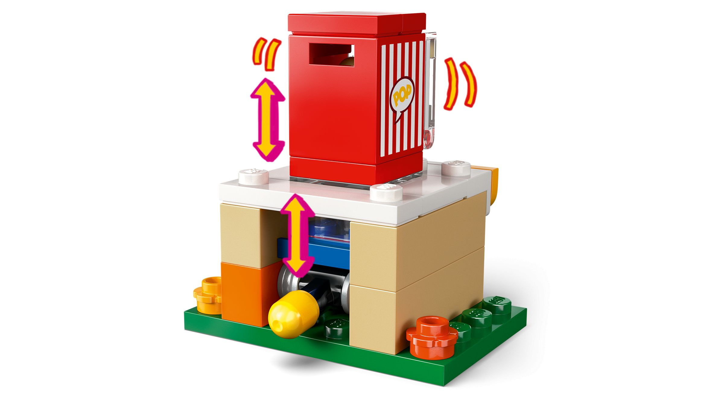 Ein roter Lego-Popcornautomat mit vertikalen weißen Streifen und einem "POP"-Schild.