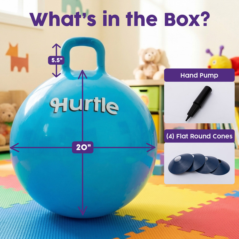 Ein blauer 20-Zoll-Hurtle-Hüpferball mit Handpumpe und Kegeln.