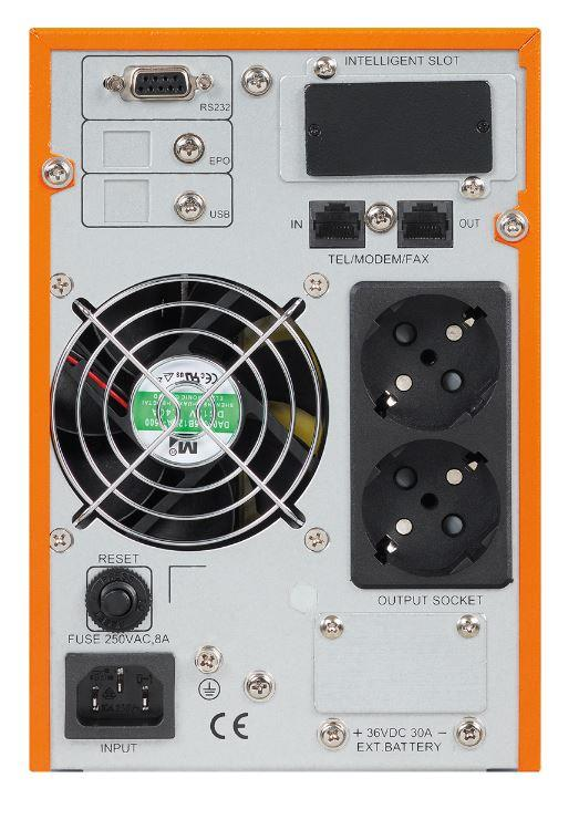 Cihazın arkası fan, portlar (RS232, USB, Tel/Modem/Fax), prizler ve etiketlerle.