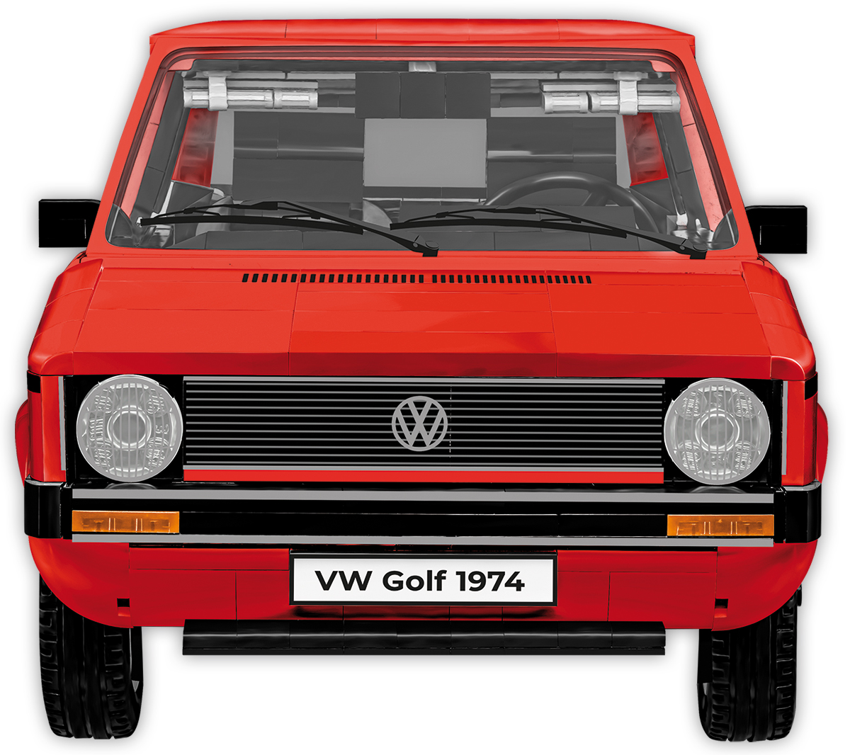 Roter VW Golf 1974 aus Legosteinen, Frontansicht mit Chromgrill.
