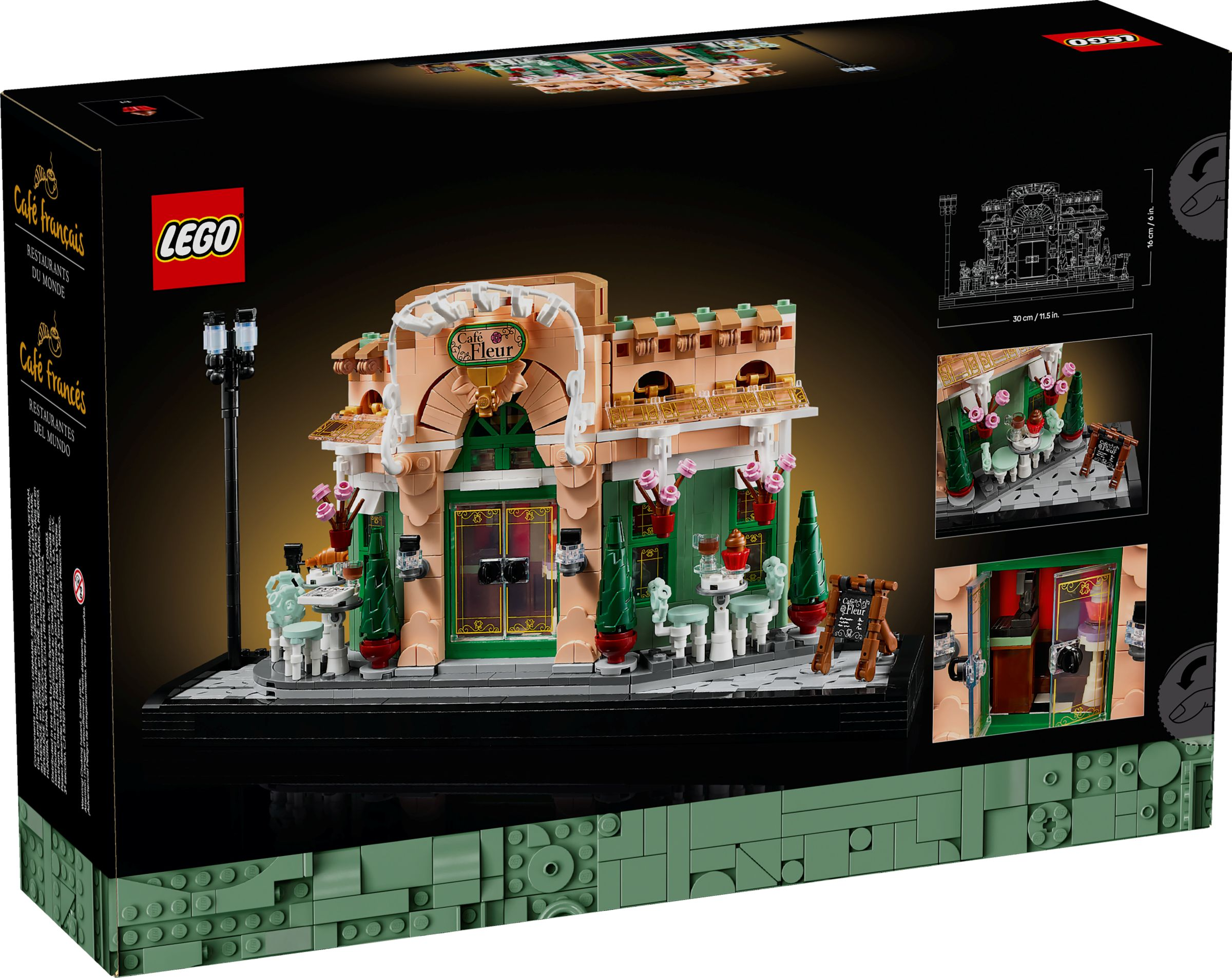 LEGO Modell eines französischen Cafés mit Tischen, Stühlen und Blumen.