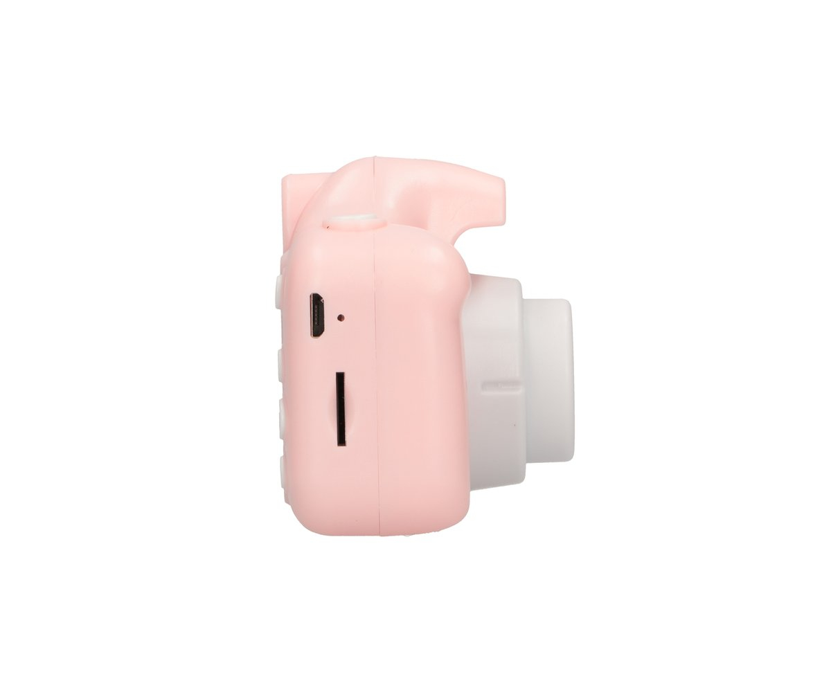 Różowy aparat dla dzieci z widocznymi gniazdami USB i kart SD.
