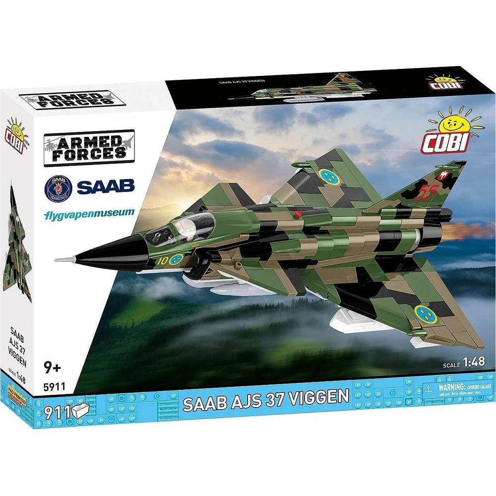Ein Tarnkappenbomber-Modellflugzeug von COBI mit der Aufschrift SAAB AJS 37 VIGGEN.
