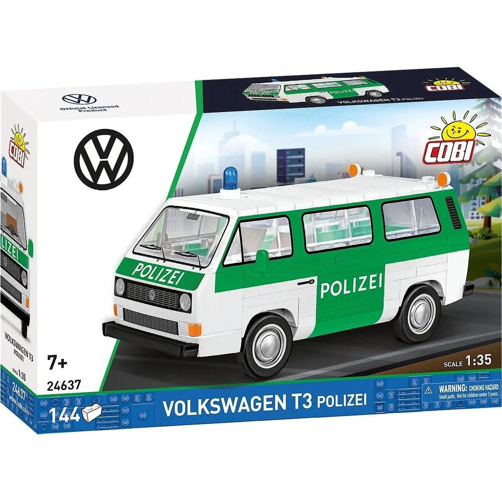 Ein COBI-Spielzeugauto eines weißen und grünen VW T3 Polizei-Busses mit blauen und orangen Lichtern.