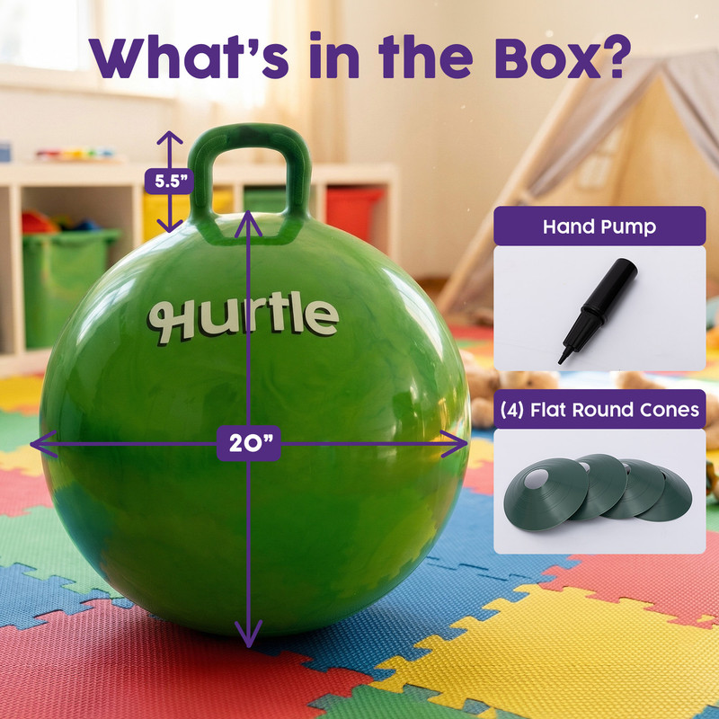 Grüne Hüpfball (20"), Handpumpe und 4 Kegel.