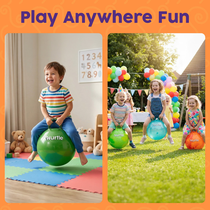 Ein Junge hüpft drinnen auf einem grünen Ball; Kinder hüpfen draußen auf Bällen bei einer Party.