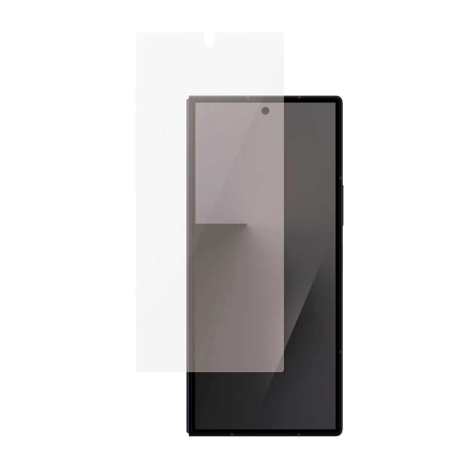 Uno smartphone con una protezione schermo parzialmente applicata. Sfondo bianco.