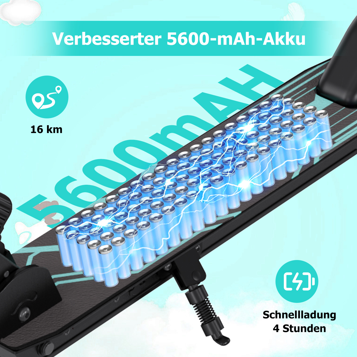 Verbesserter 5600-mAh-Akku mit 16 km Reichweite und Schnellladung in 4 Stunden.