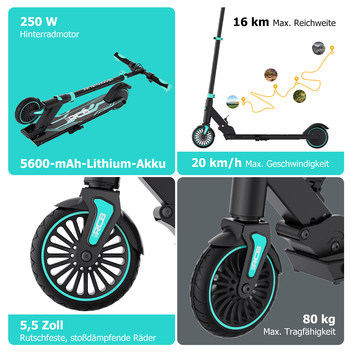 Elektroroller mit 250W Motor, 16km Reichweite, 20km/h max. Geschwindigkeit.