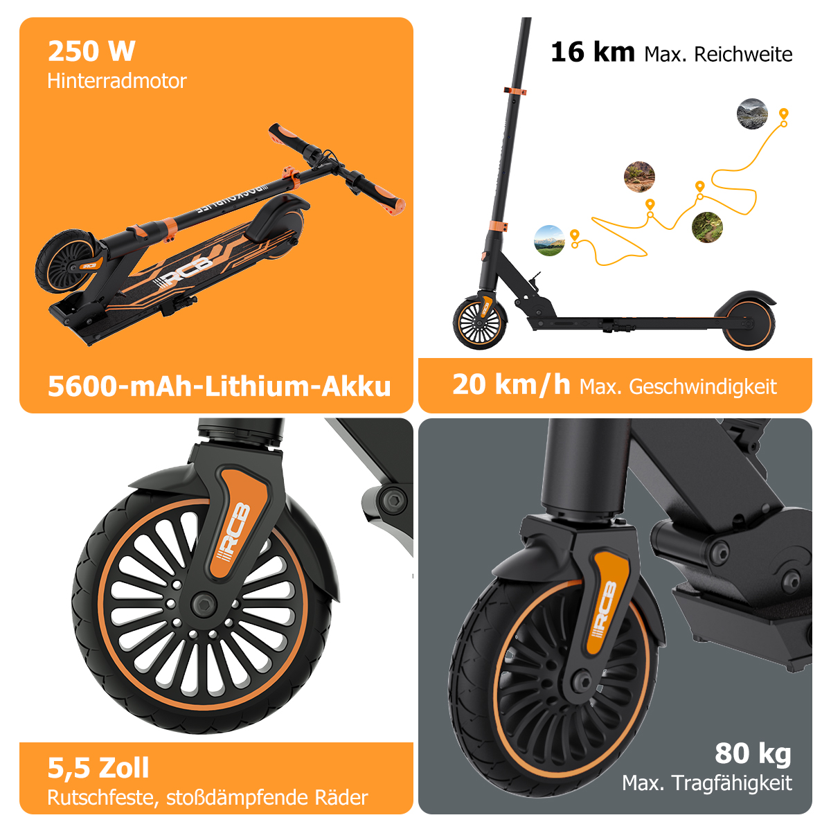 E-Scooter mit 250W Motor, 16km Reichweite, 20km/h max. Geschwindigkeit, 5,5 Zoll Räder.