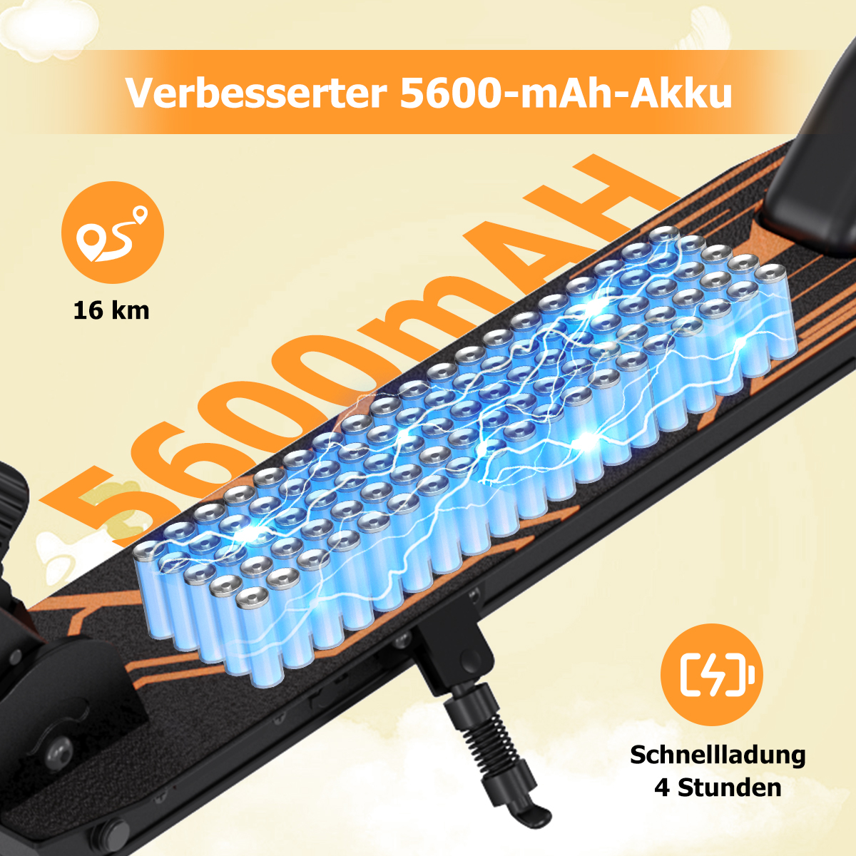 Verbesserter 5600-mAh-Akku mit 16 km Reichweite, Schnellladung in 4 Stunden.
