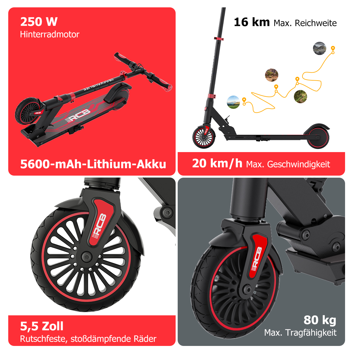 Elektroroller mit 250W Motor, 16km Reichweite, 20km/h, 5600mAh Akku, 5,5 Zoll Räder, 80kg Tragfähigkeit.