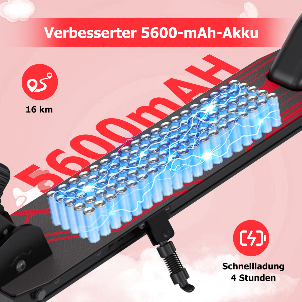 Ein E-Scooter mit 5600-mAh-Akku, 16 km Reichweite und Schnellladung in 4 Stunden.