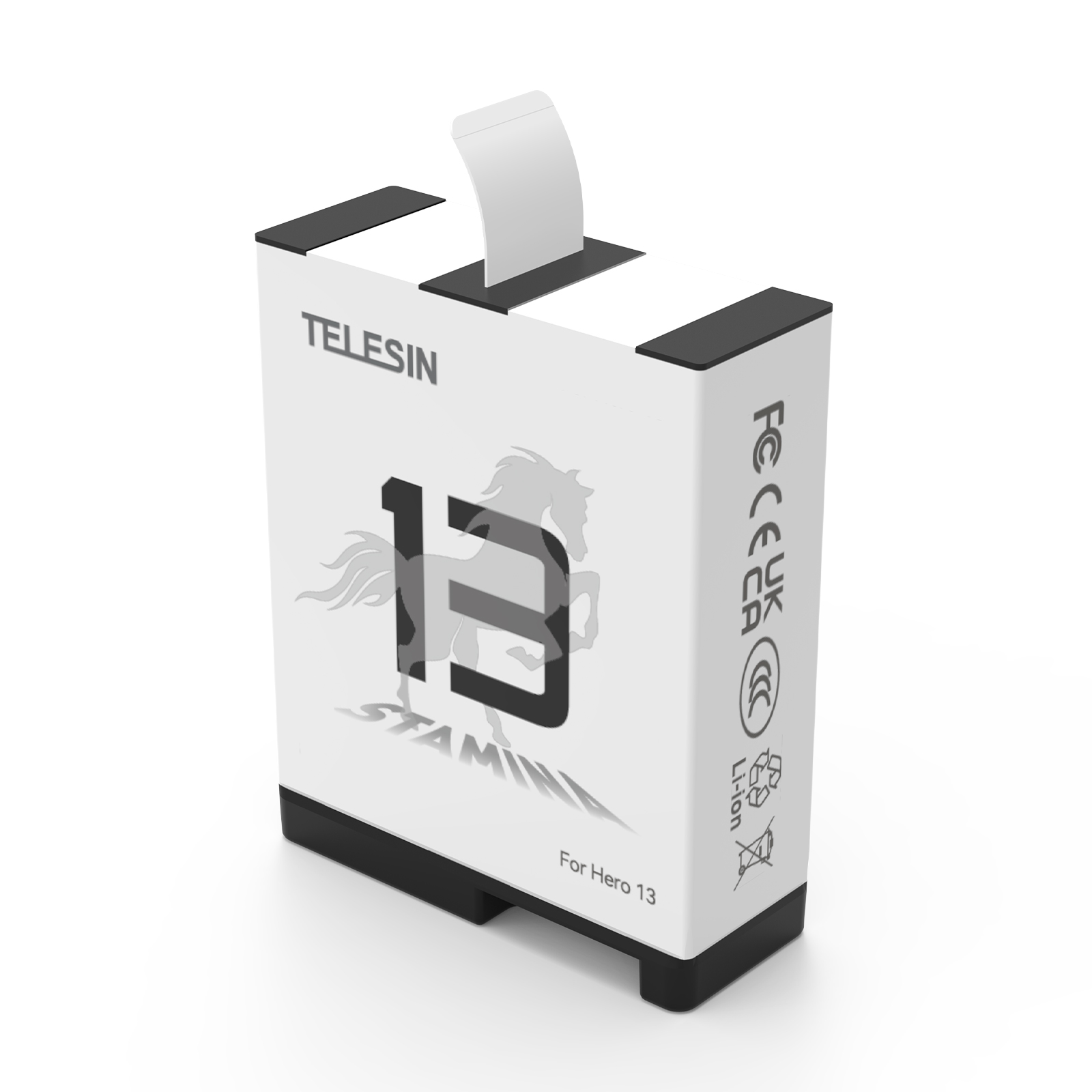 Emballage blanc avec logo TELESIN, silhouette de cheval et le chiffre 13.