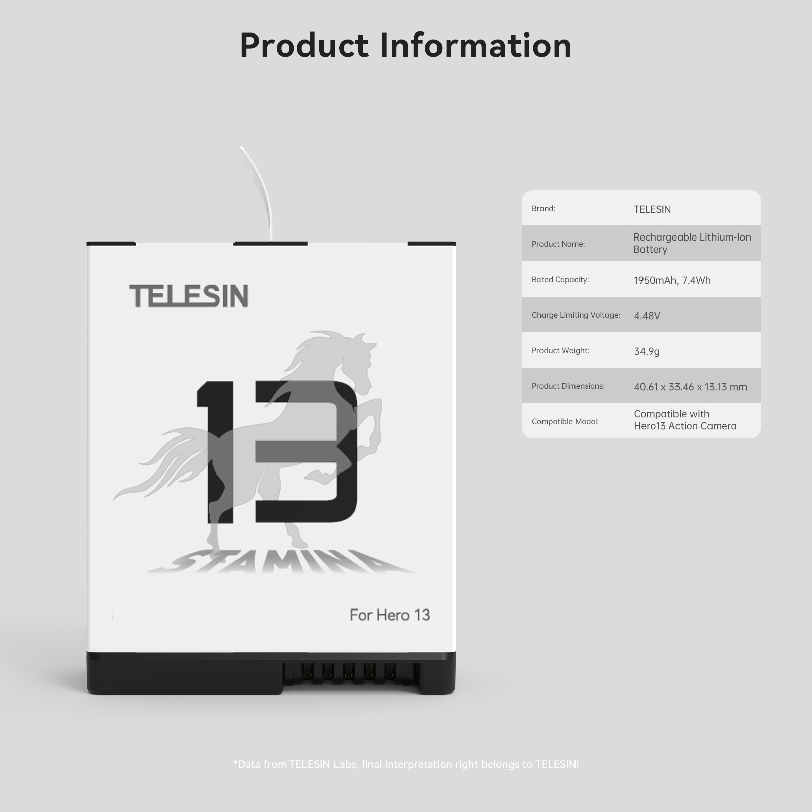 Batterie TELESIN pour Hero 13 avec graphique de cheval. Spécifications à droite.