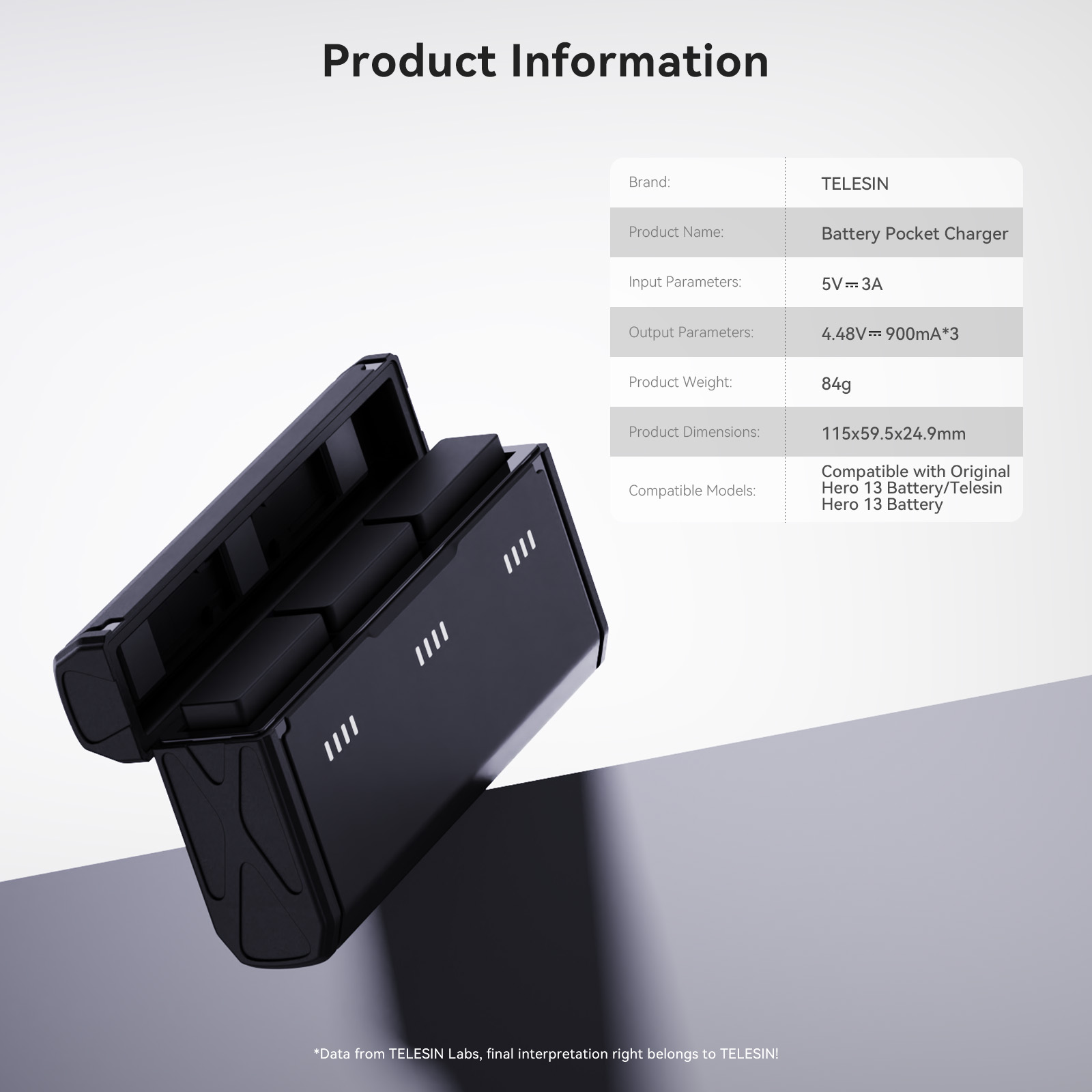 Chargeur de batterie noir avec couvercle ouvert, détails du produit à côté.