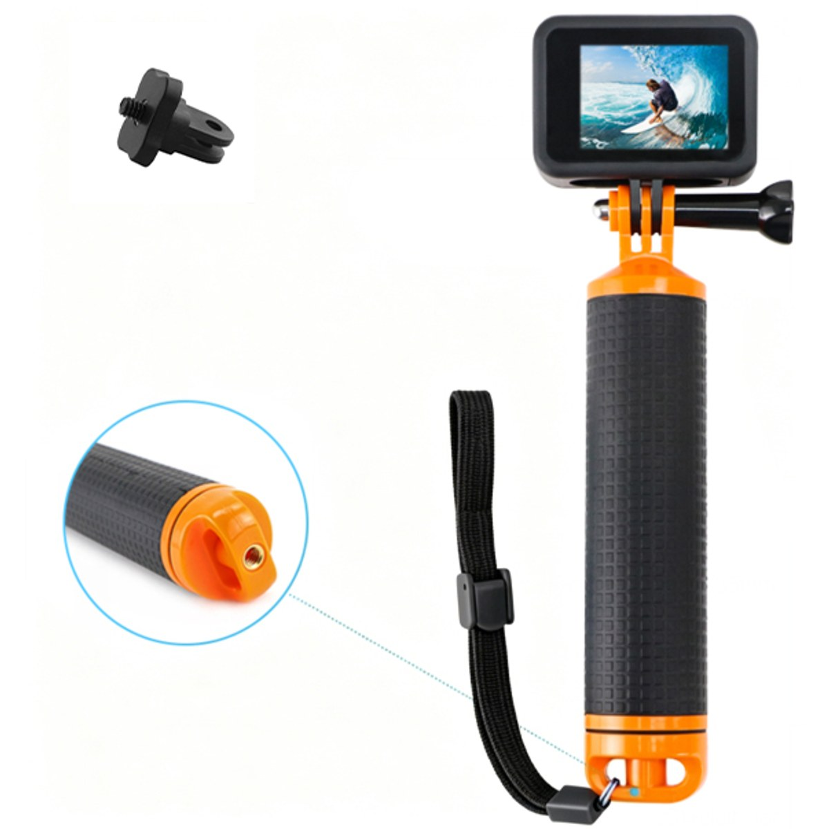An orange and black grip with a camera showing a surfer.