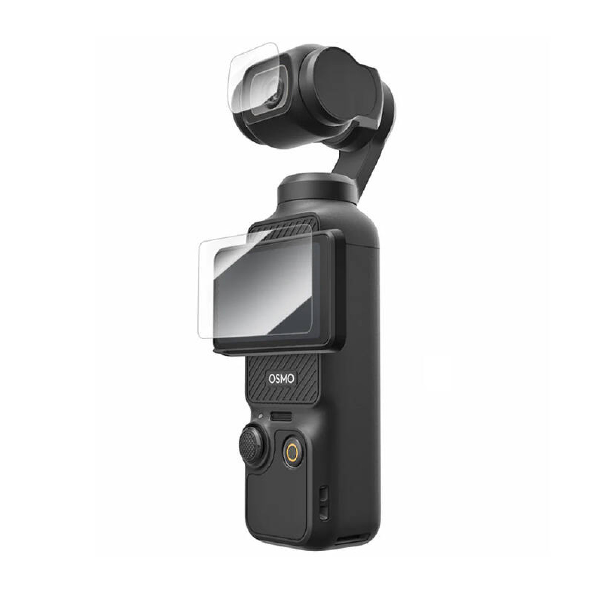 Black gimbal stabilizer with touchscreen, camera, and screen protectors.