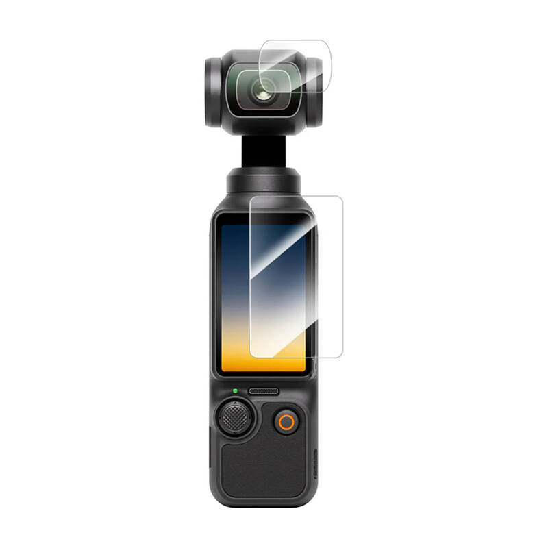 Gimbal camera with screen protectors applied to lens and screen.