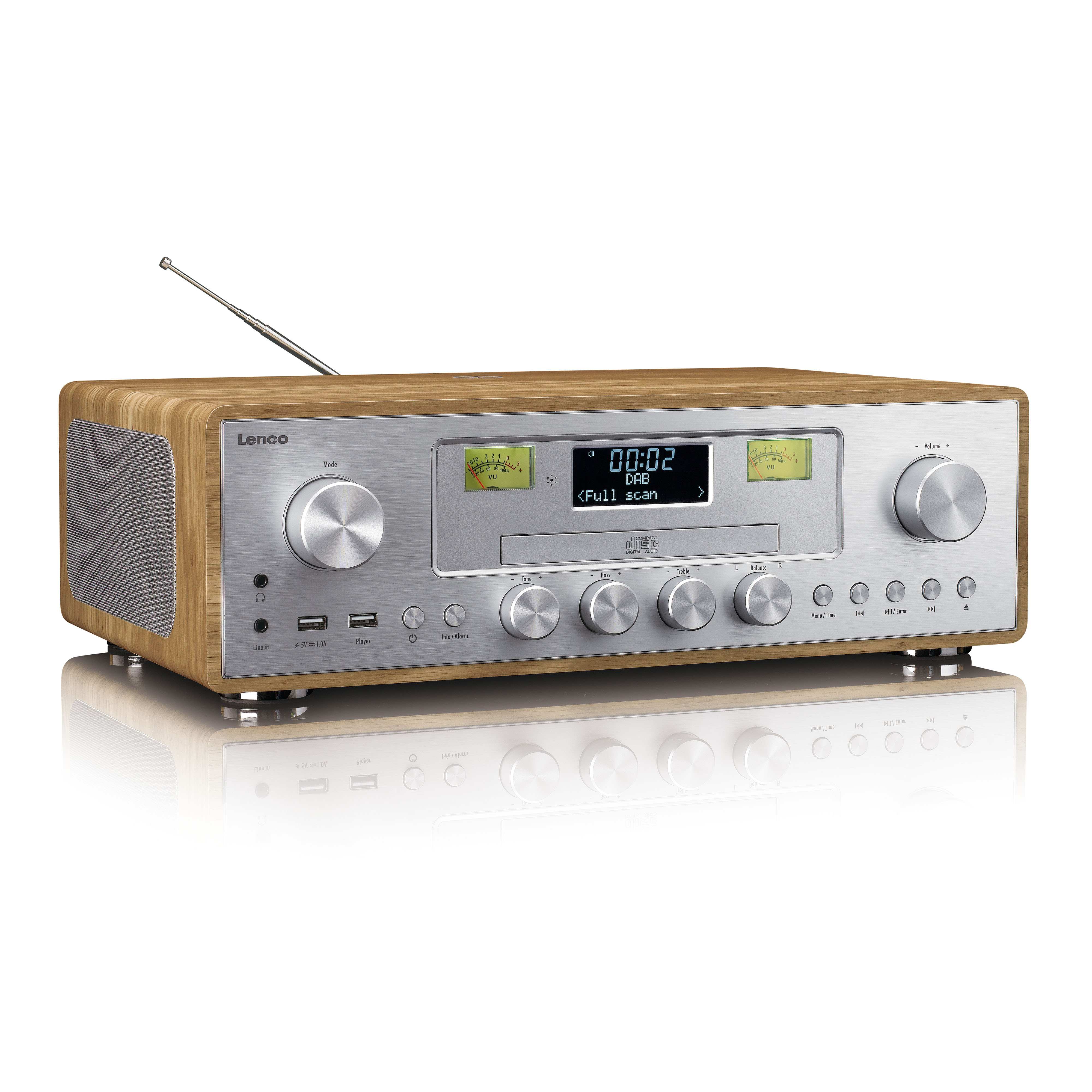 Een Lenco radio met houten behuizing, zilveren front, VU-meter en CD-sleuf.