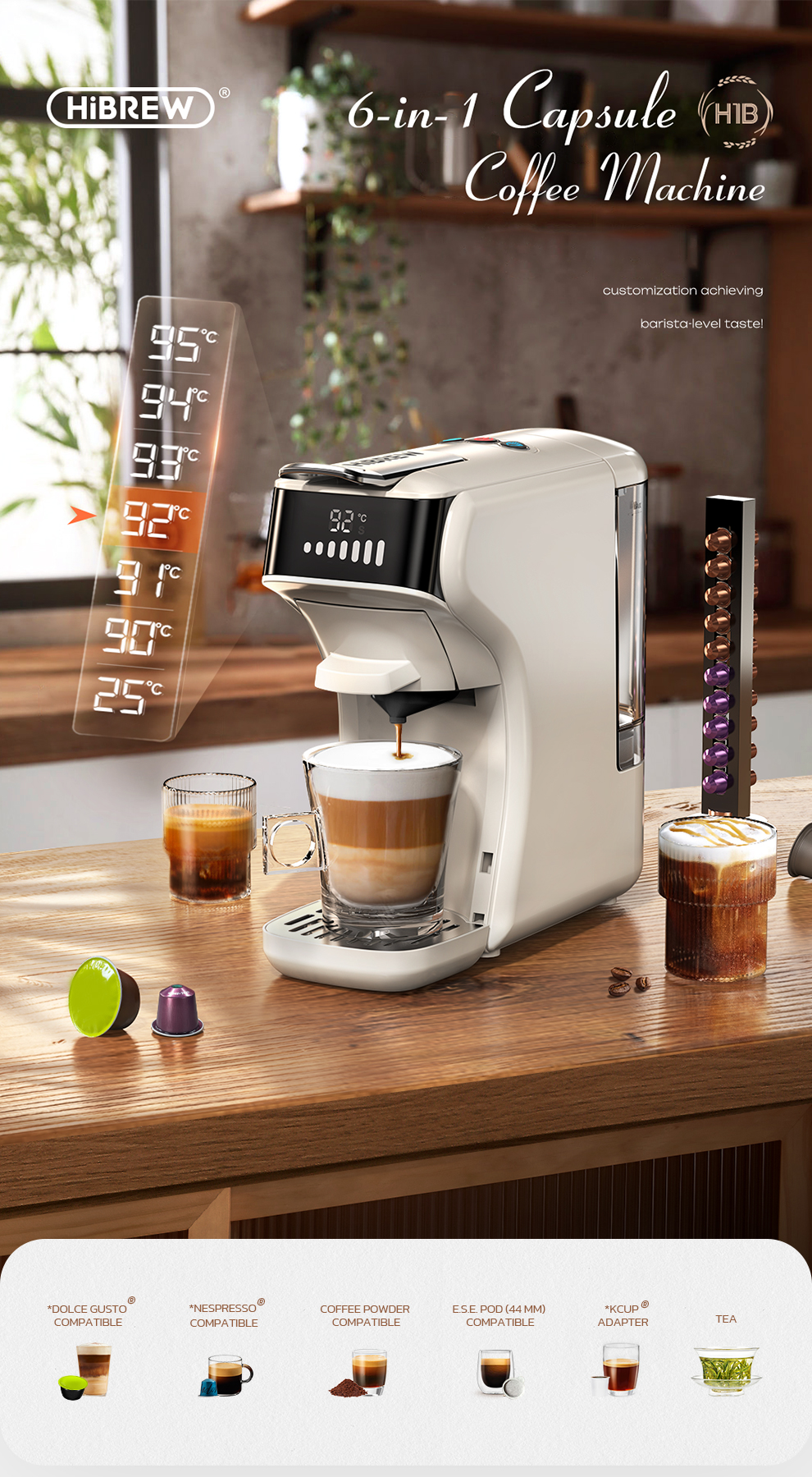 Una cafetera de cápsulas blanca 6 en 1 preparando café. Incluye cápsulas y tazas.