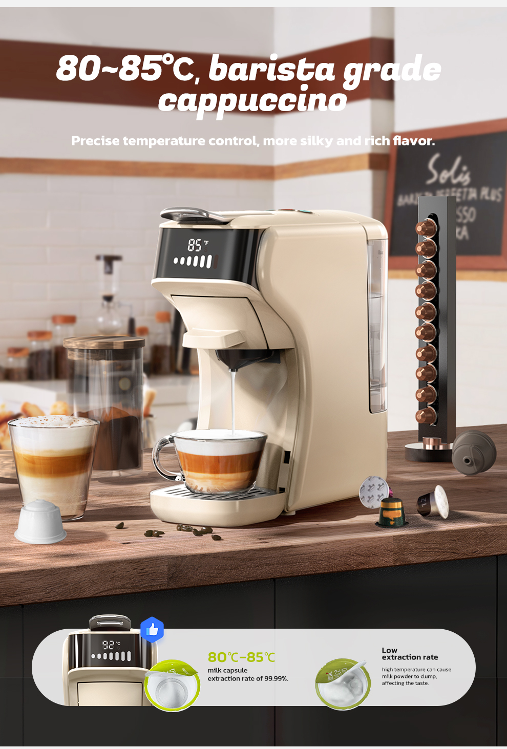 Máquina de café beige preparando capuchino. Dos tazas y cápsulas sobre la mesa.
