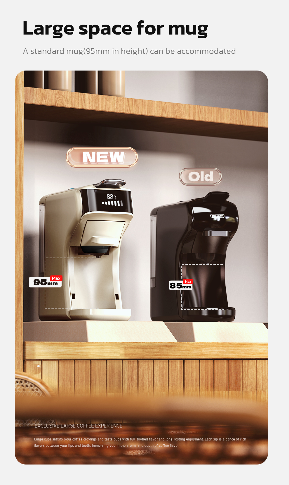 Cafeteras nueva y antigua una al lado de la otra. La nueva admite tazas de 95mm.
