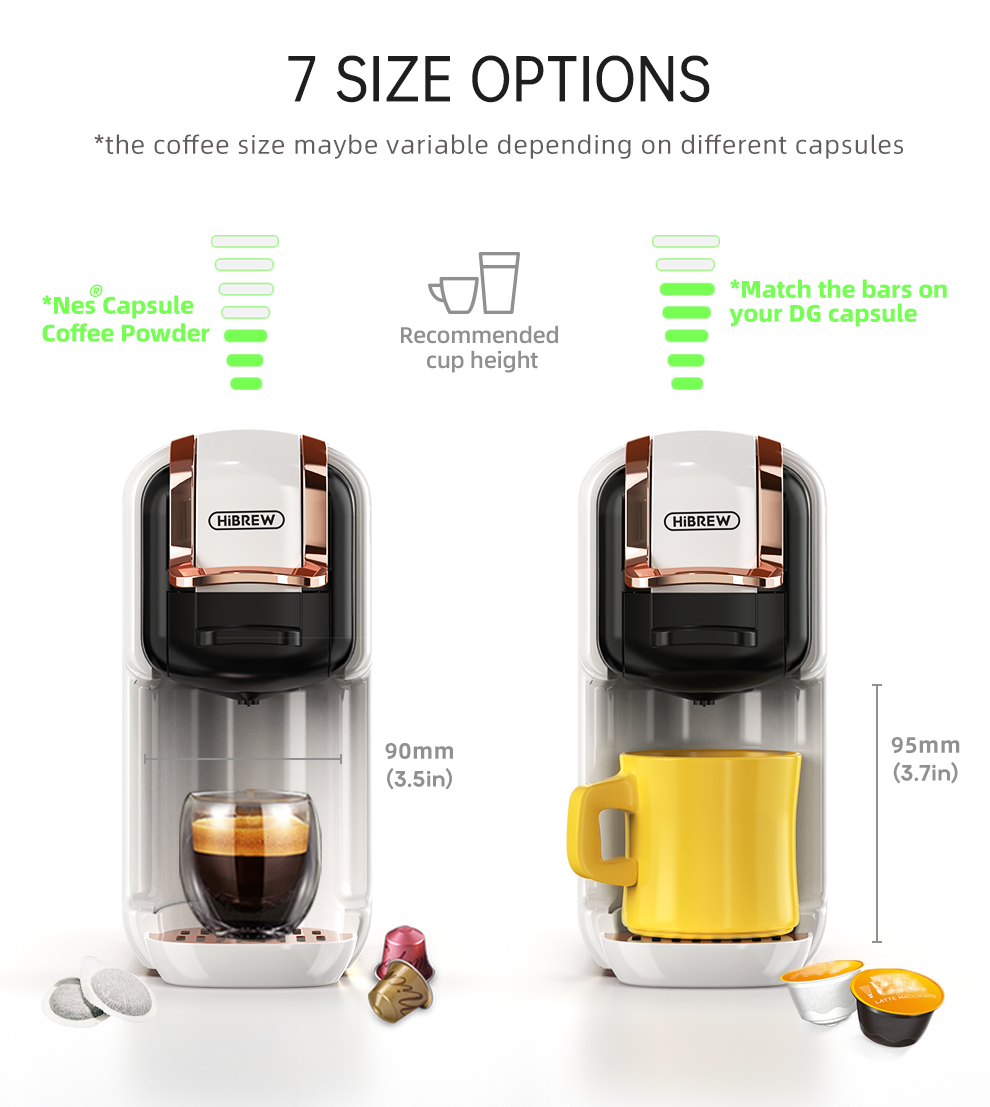 Dos cafeteras que muestran diferentes tamaños de taza y cápsulas.