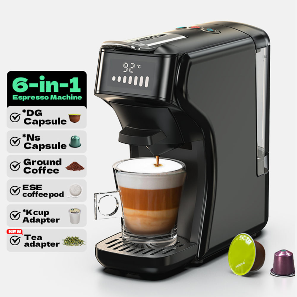 Una cafetera espresso negra 6 en 1 prepara café en una taza de vidrio, mostrando 92°C.