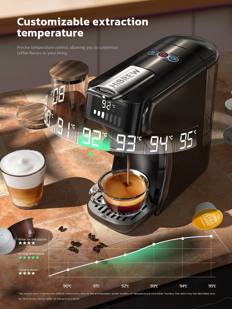 Máquina de café preparando espresso en taza, con pantalla de temperatura y cápsulas.