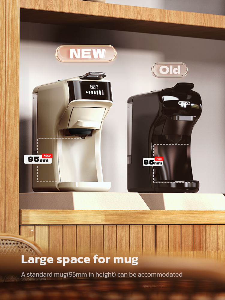 Comparación de cafetera nueva y vieja. La nueva tiene 95mm, la vieja 85mm.