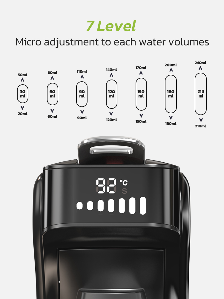 Dispensador de agua negro con 7 niveles, pantalla muestra 92°C. Selección de volumen de 30ml a 210ml.