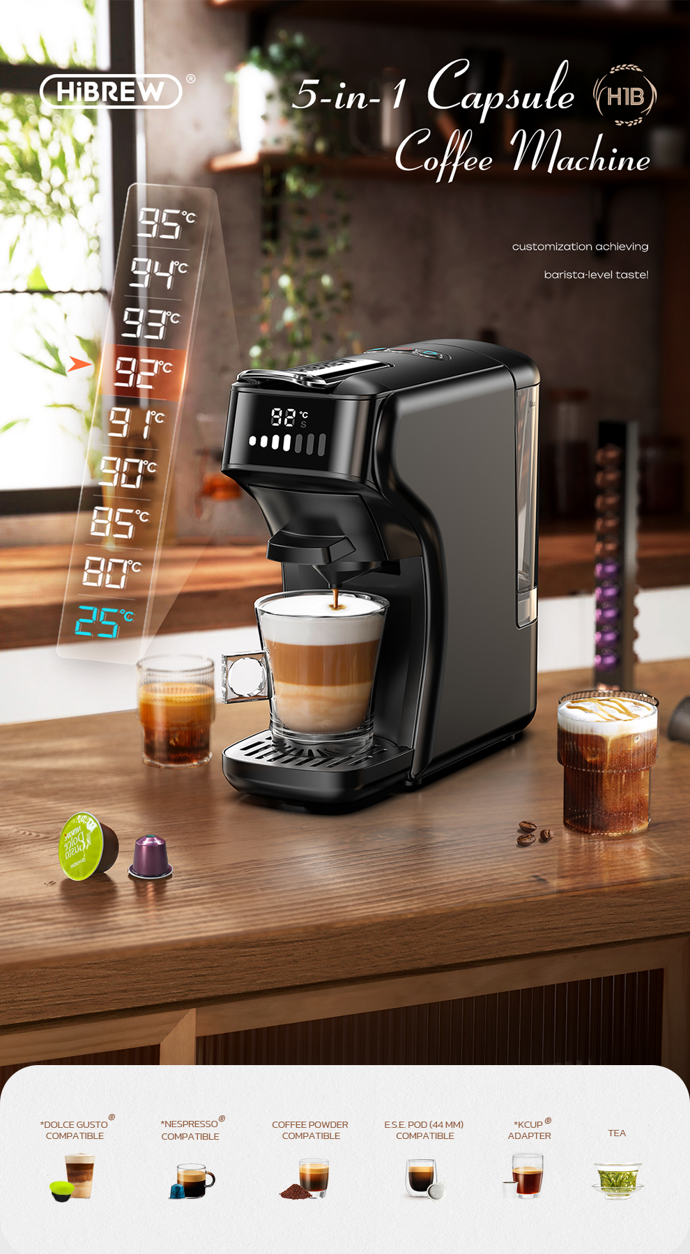 Cafetera negra 5 en 1 preparando café, con pantalla de temperatura y cápsulas.