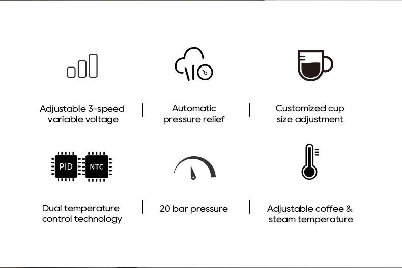 Iconos de voltaje ajustable, alivio de presión, tamaño de taza, control de temperatura, 20 bar y temperatura.